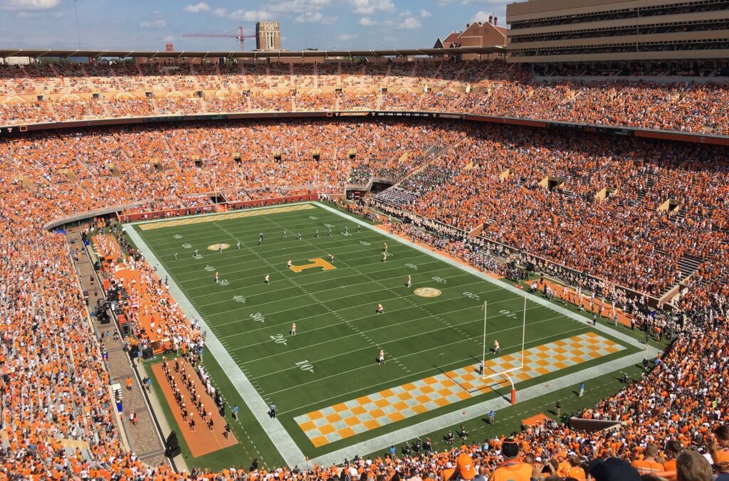 College football stadium during a game.